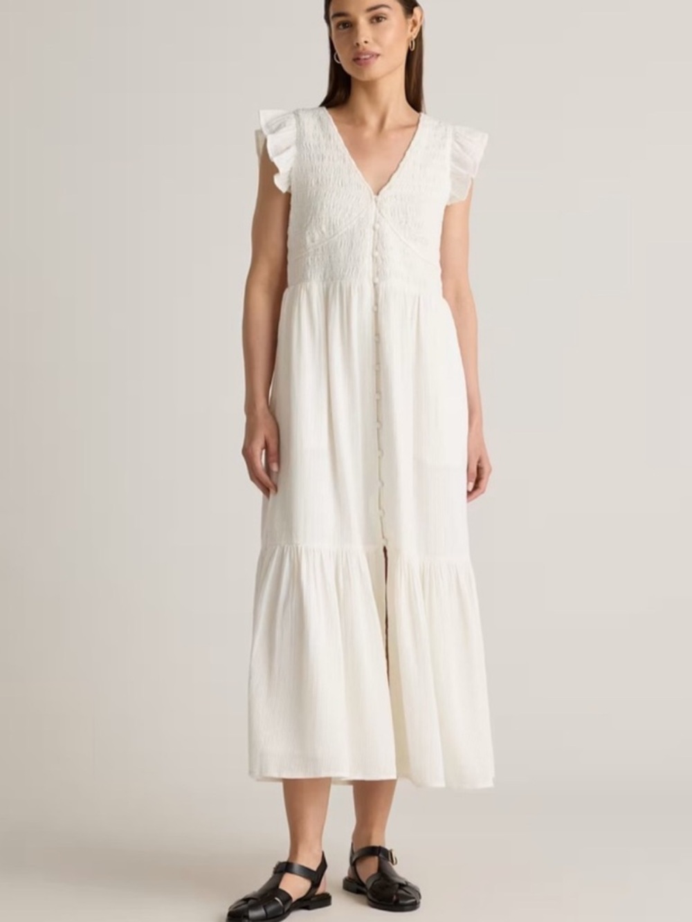 NWT QUINCE Organic Textured Cotton Smocked V-Neck Midi Dress Large 6975